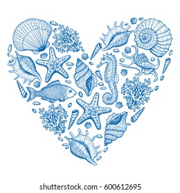 Sea heart. Original hand drawn illustration in vintage style