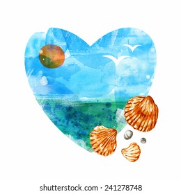 Sea heart. Watercolor nautical vector background with shells.