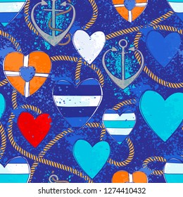 Sea hearts. St. Valentine day. Seamless pattern. Love. Sea. Perfect for greetings, invitations, manufacture wrapping paper, textile and web design. Vector pattern. Seamless vector pattern.