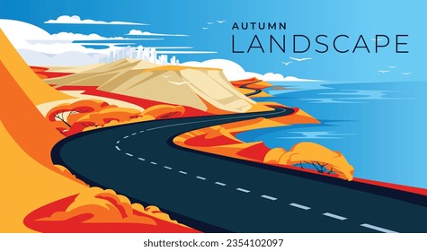 sea highway autumn landscape. Blue sky, sunny day. Yellow trees and grass. Spirit of vacation travel. Vector illustration