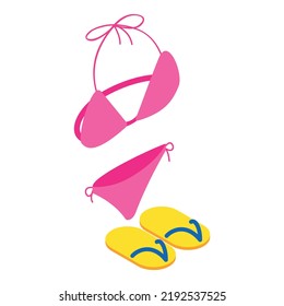 Sea holiday icon isometric vector. Women bright pink swimsuit and beach slippers. Summer accessory, tropical fashion, marine vacation