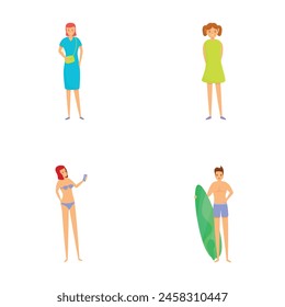 Sea holiday icons set cartoon vector. People on summer vacation. Hobby, pastime