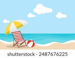 Sea holiday logo. Seaside holiday concept with sun lounger, beach umbrella and beach ball. Vector, cartoon illustration. Vector.