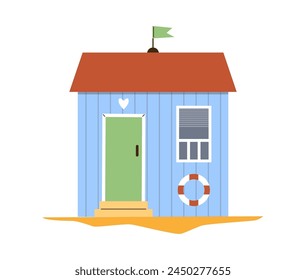 Sea holiday. Wooden beach hut decorated with lifebuoy captured in vector illustration. Flat, isolated, lonely house by the sea, perfect for a seaside camping theme.