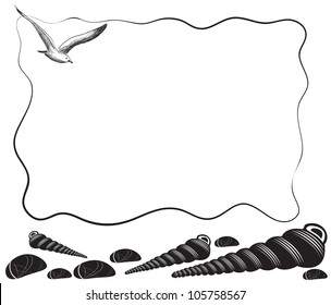 Sea holidays frame with shells and sea gull