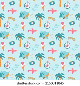 Sea holidays, vacations, vector seamless pattern with decorative elements, palm tree, airplane, map, compass and sunglasses