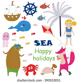 Sea holidays vector set in cartoon style