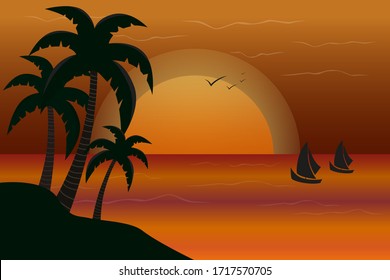 Sea horizon beach at night. Vector illustration.