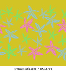 Sea  horizontal motif, doodles,  spots, starfish, ellipses, hole,  seamless pattern . Hand drawn.