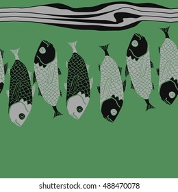 Sea horizontal pattern with fishes,   stripes, seamless . Hand drawn.