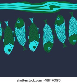 Sea horizontal pattern with fishes,   stripes, seamless . Hand drawn.