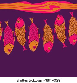 Sea horizontal pattern with fishes,   stripes, seamless . Hand drawn.
