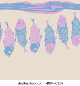 Sea horizontal pattern with fishes,   stripes, seamless . Hand drawn.