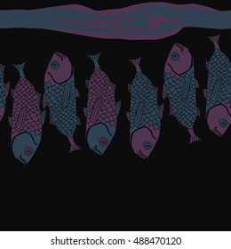 Sea horizontal pattern with fishes,   stripes, seamless . Hand drawn.