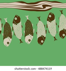 Sea horizontal pattern with fishes,   stripes, seamless . Hand drawn.