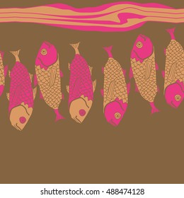 Sea horizontal pattern with fishes,   stripes, seamless . Hand drawn.