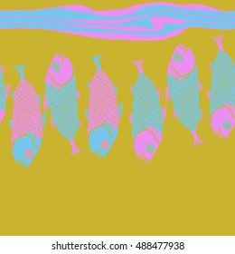 Sea horizontal pattern with fishes,   stripes, seamless . Hand drawn.