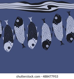 Sea horizontal pattern with fishes,   stripes, seamless . Hand drawn.