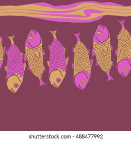 Sea horizontal pattern with fishes,   stripes, seamless . Hand drawn.