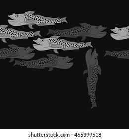 Sea  horizontal pattern,   hole, spots, fishes, doodles, seamless . Hand drawn.