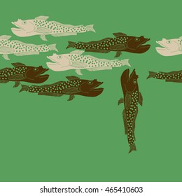 Sea  horizontal pattern,   hole, spots, fishes, doodles, seamless . Hand drawn.