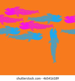 Sea  horizontal pattern,   hole, spots, fishes, doodles, seamless . Hand drawn.