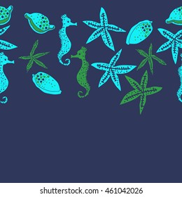 Sea  horizontal stylized motif, doodles,  spots, starfish, sea Horses, cowries, spirals, ellipses, hole,  seamless pattern , copy space. Hand drawn.
