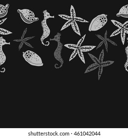 Sea  horizontal stylized motif, doodles,  spots, starfish, sea Horses, cowries, spirals, ellipses, hole,  seamless pattern , copy space. Hand drawn.