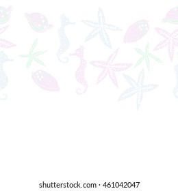 Sea  horizontal stylized motif, doodles,  spots, starfish, sea Horses, cowries, spirals, ellipses, hole,  seamless pattern , copy space. Hand drawn.