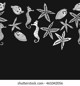 Sea  horizontal stylized motif, doodles,  spots, starfish, sea Horses, cowries, spirals, ellipses, hole,  seamless pattern , copy space. Hand drawn.