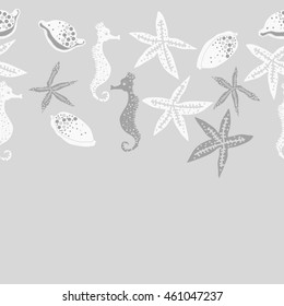 Sea  horizontal stylized motif, doodles,  spots, starfish, sea Horses, cowries, spirals, ellipses, hole,  seamless pattern , copy space. Hand drawn.