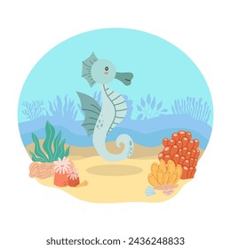 Sea horse es un animal marino con el fondo de un mar o paisaje oceánico. Ilustración de vector