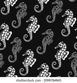 Sea horse, animal, vector seamless pattern isolated on dark background. Concept for print, cards, texture