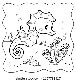 Sea Horse black and white. Coloring book or Coloring page for kids. Marine background vector illustration