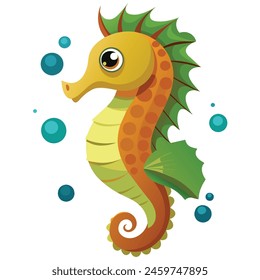 Sea horse with bubbles and a black background is shown in this image, it is a seahorse with a green tail and a yellow body of water