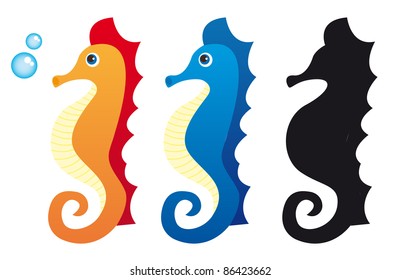 sea horse cartoon and silhouette isolated over white background. vector