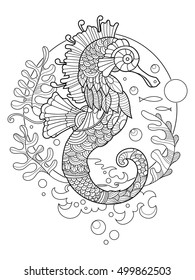 Sea horse coloring book for adults vector illustration. Anti-stress coloring for adult. Tattoo stencil. Zentangle style. Black and white lines. Lace pattern