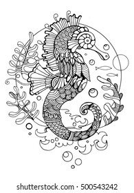 Sea horse coloring book for adults vector illustration. Anti-stress coloring for adult. Tattoo stencil. Zentangle style. Black and white lines. Lace pattern