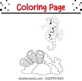 Sea horse coloring page. Cute sea animal vector cartoon coloring book illustration