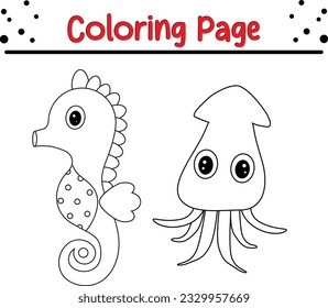 Sea horse coloring page. Cute sea animal vector cartoon coloring book illustration