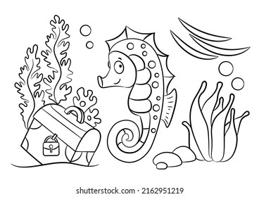 Sea horse coloring page. Underwater life illustration. Sea animals outline. Sea creatures drawing