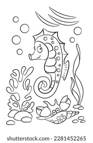 Sea horse coloring page. Underwater life illustration. Sea animals outline. Sea creatures drawing. Animals cartoon