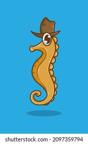 Sea horse with cowboy hat cartoon illustration