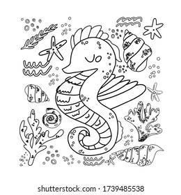 Sea horse cute doodle hand drawn flat vector illustration. marine life animal vector poster floral background.Grass branches with leaves, coral  and spots design element. Ocean coloring page