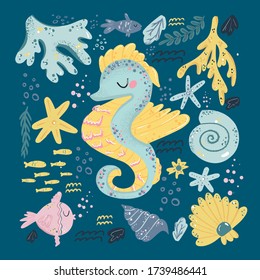 Sea horse cute doodle hand drawn flat vector illustration. marine life animal vector poster floral background.Grass branches with leaves, coral and spots design element. Ocean