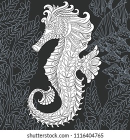 Sea horse drawn in line art style. Ocean background in black and white colors on chalkboard. Coloring book. Coloring page. Zentangle vector illustration.