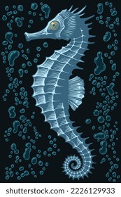 Sea horse in the sea. Editable hand drawn illustration. Vector vintage engraving. 8 EPS