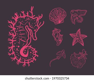 Sea horse and elegant animals labels icon set