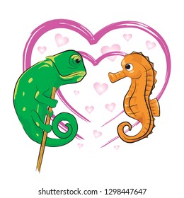 sea horse fall in love with chameleon vector illustration isolated cartoon