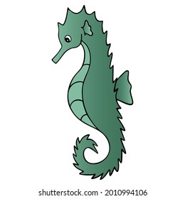 Sea Horse. Fish of the order of needle-like. Master of disguise. Colored vector illustration. Isolated white background. Ocean dweller. Cartoon style. The horse is green. Idea for web design, sticker.